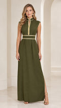 Front view of woman wearing olive green sleeveless mandarin collar maxi dress with gold braid trim