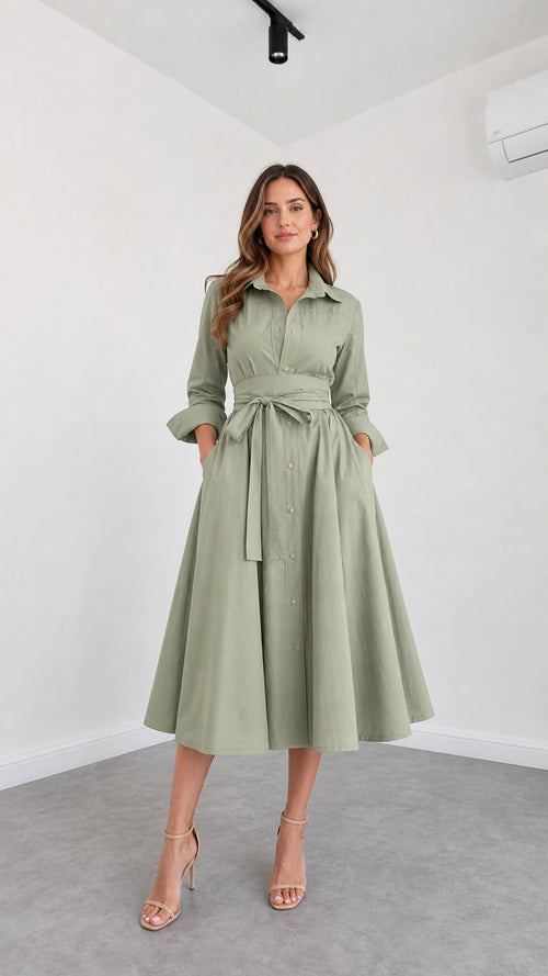 Front view of model wearing Sage Green button-down belted midi shirt dress