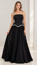 Full front view of model wearing the black rhinestone strap basque waist evening gown