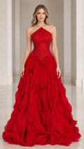 Front view of woman wearing Red Beaded Halter Tiered Ruffle Ball Gown