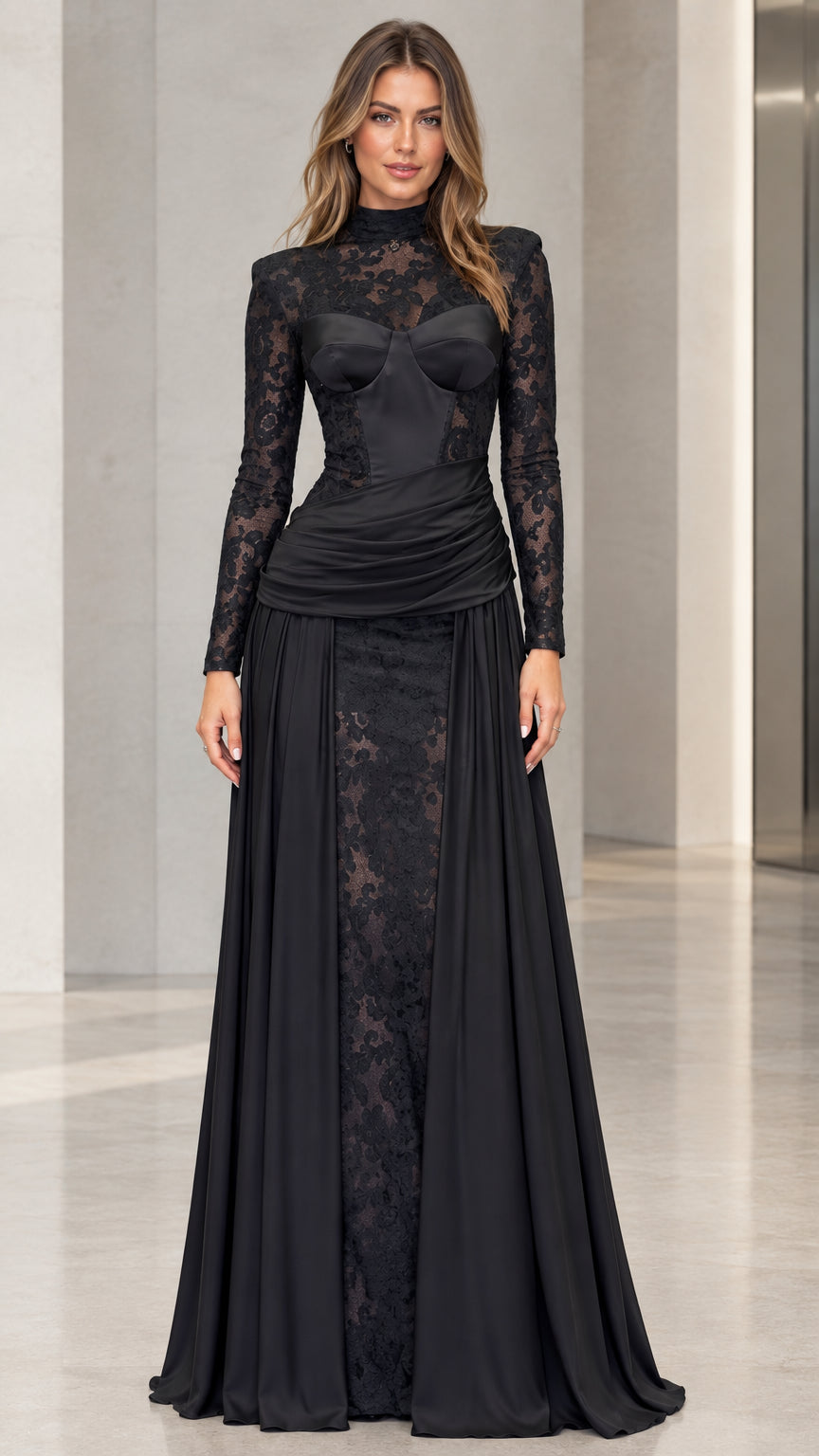 Front view of black high neck lace corset evening gown