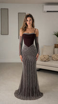 Burgundy beaded mermaid evening gown with draped corset bodice and matching sleeves - Front view