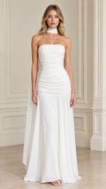 White strapless ruched maxi evening gown with matching choker scarf front view