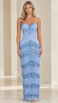 Front view of woman wearing sky blue strapless sweetheart beaded tiered fringe maxi dress