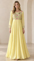 Front full view of women's yellow floral embroidered long sleeve maxi dress