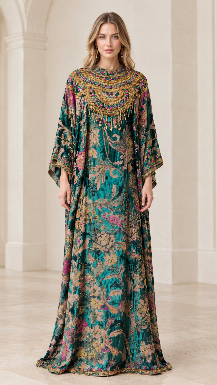 Front full-length view of model wearing the Emerald Green ornate beaded floral kaftan dress