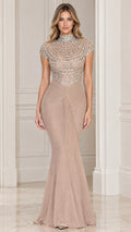 Front full-length view of taupe beaded high neck mermaid evening gown
