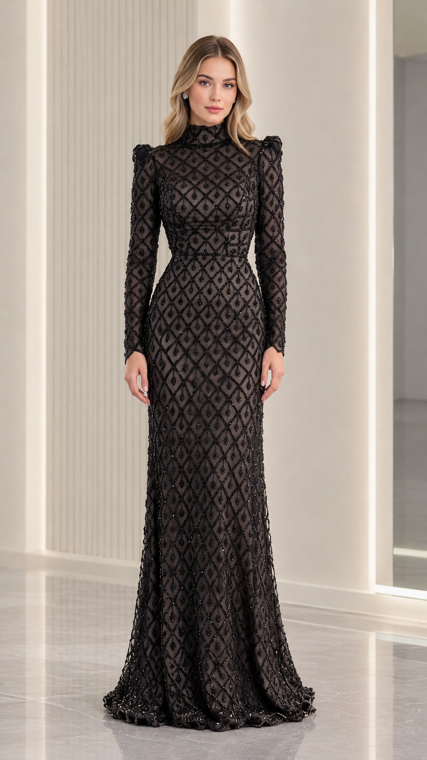 Front view of black beaded mock neck long sleeve evening gown