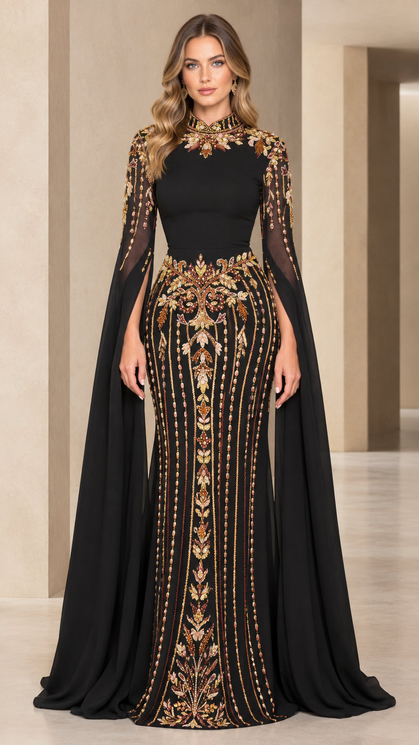 Black embellished cape sleeve mermaid evening gown front view