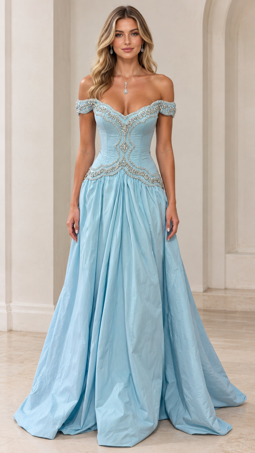 Front view of model wearing Light Blue off-the-shoulder beaded basque waist ball gown