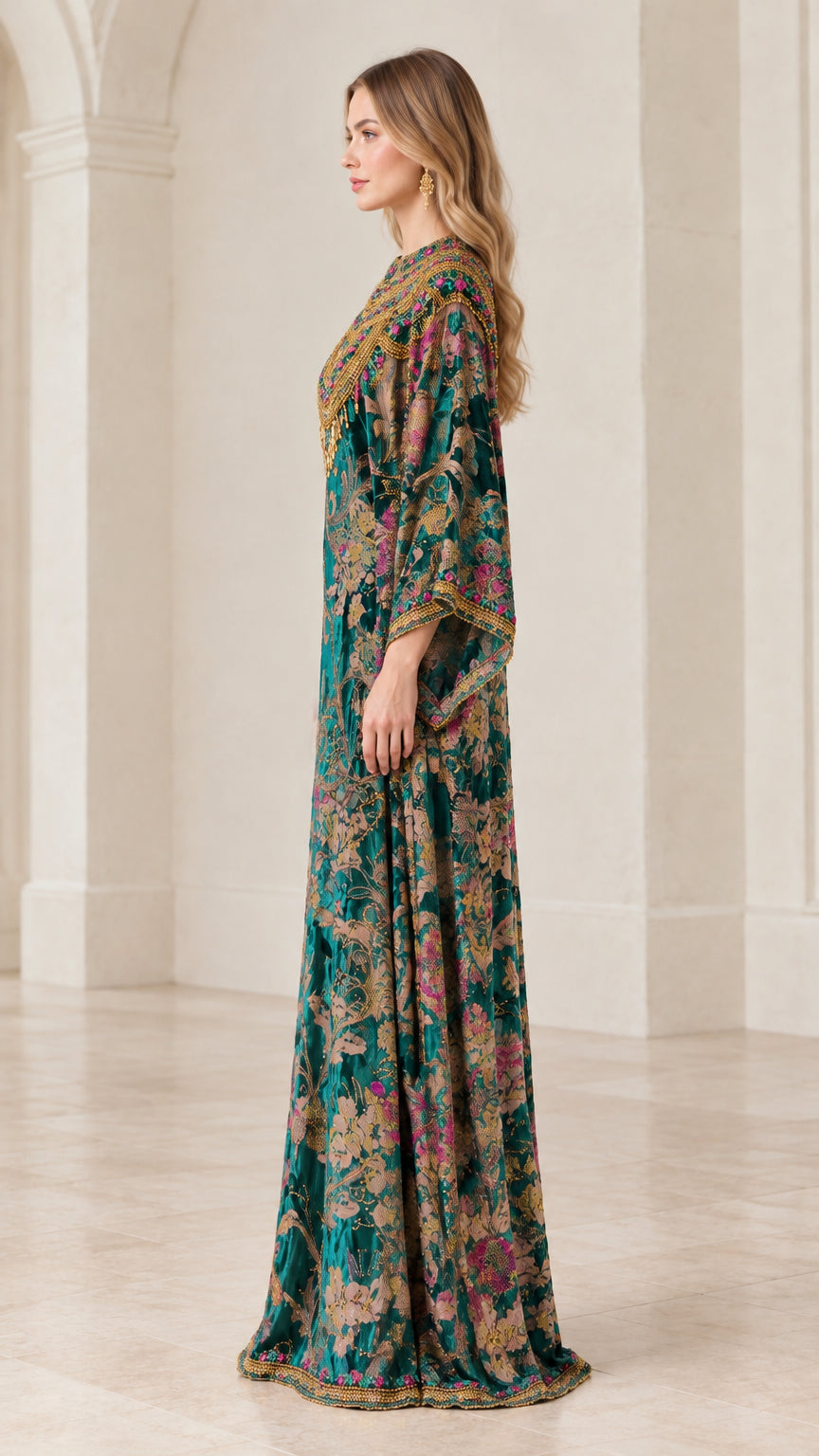 Side profile view of the Emerald Green floral kaftan dress showing draped sleeve and floor-length silhouette