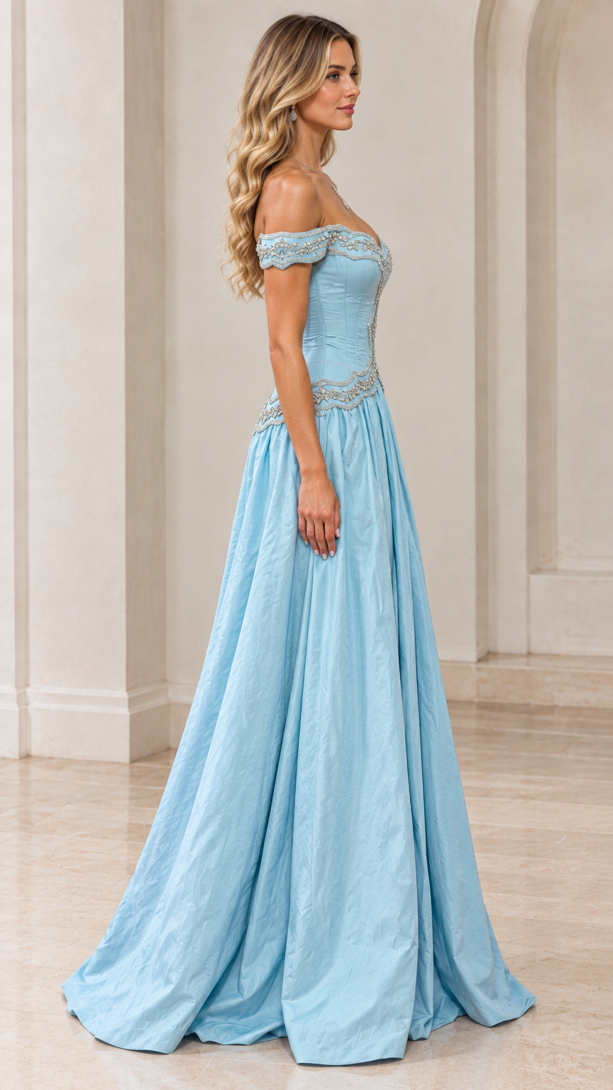 Side profile of model wearing Light Blue formal evening gown with full skirt