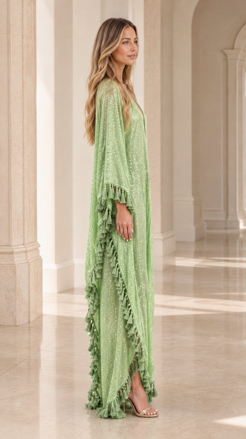 Side profile of woman in mint green sequin maxi kimono with tassel fringe trim