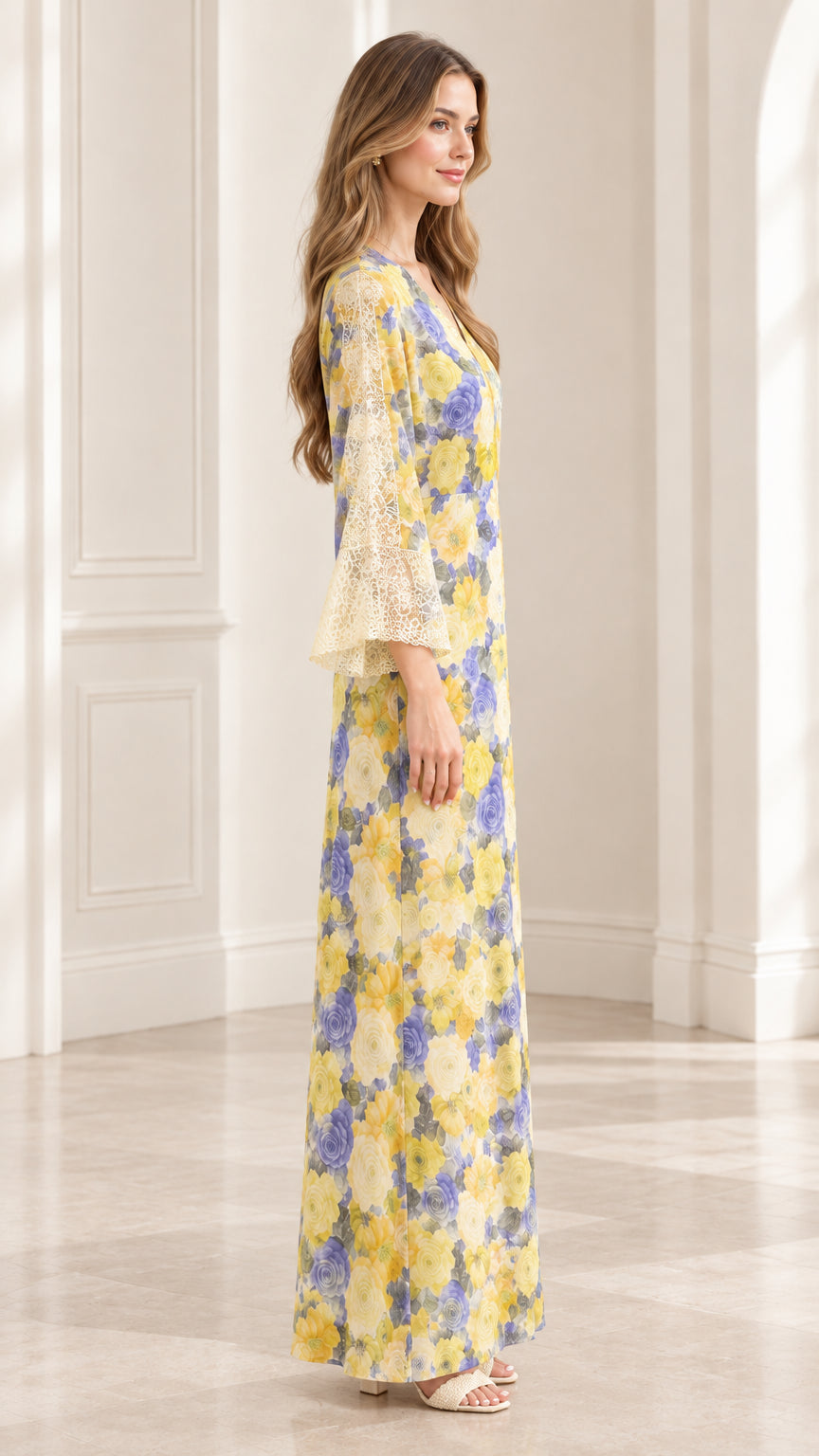 Side profile view of model in Yellow Floral flowing maxi dress