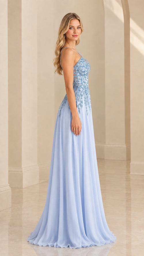 Sky blue one-shoulder chiffon formal dress side profile view