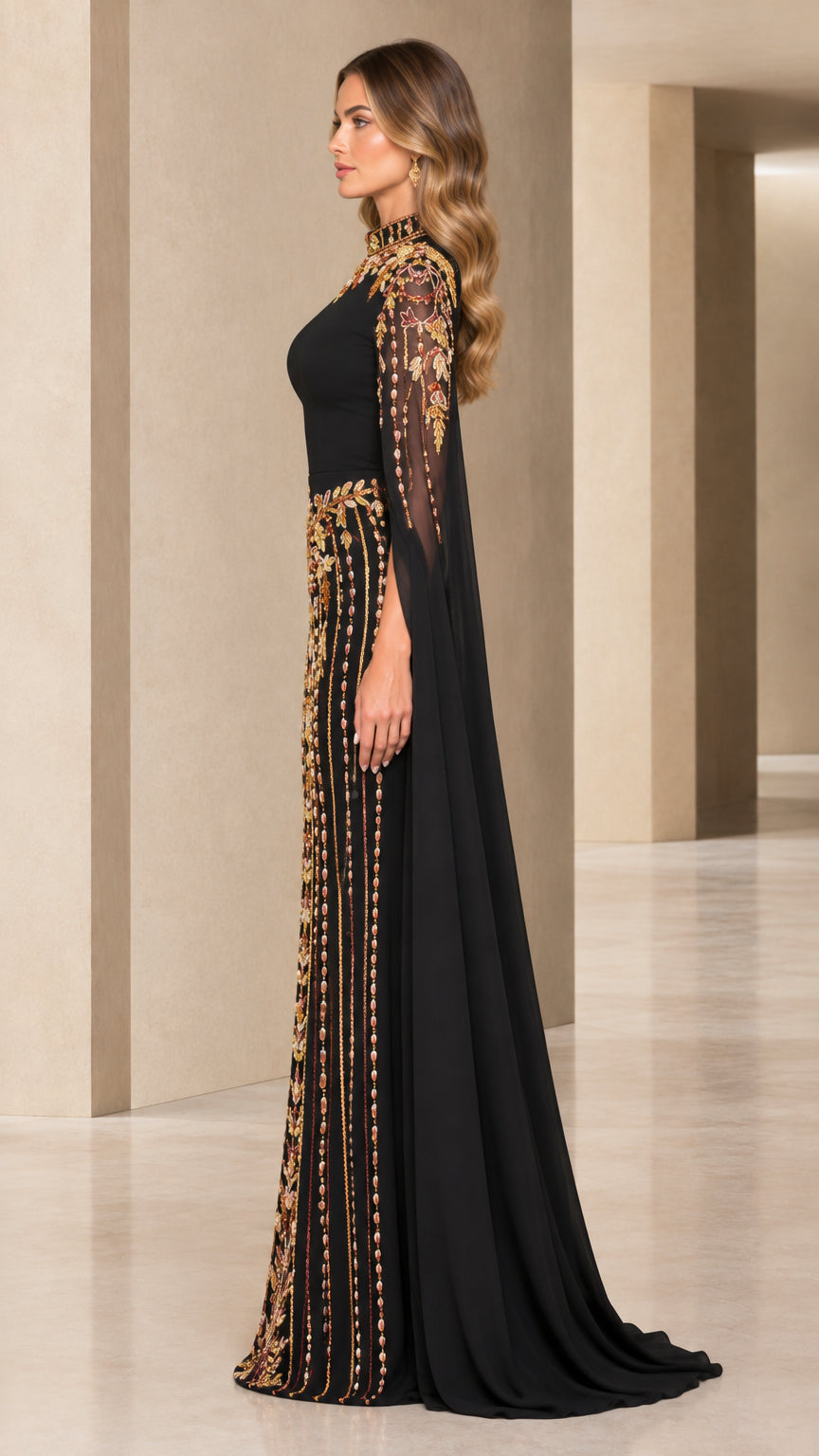 Side view of black formal gown showing long dramatic cape sleeves