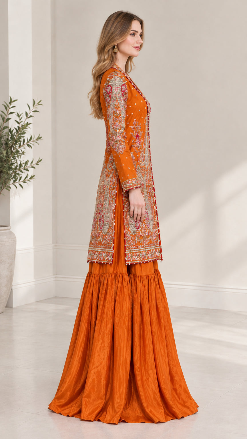 Side profile of woman in Rust Orange festive sharara suit set