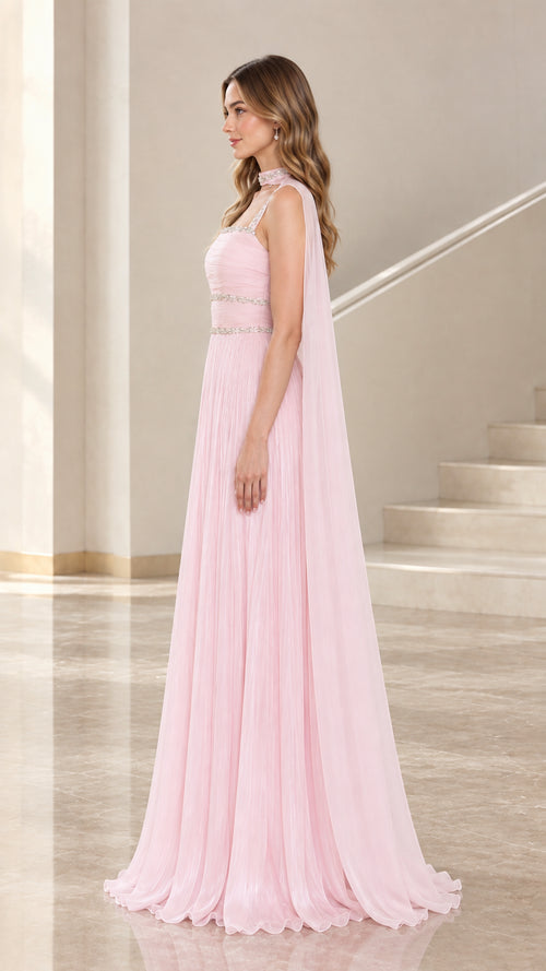 Side profile view of Light Pink cape formal dress