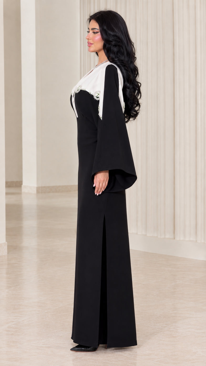 Black contrast embellished bell sleeve maxi dress side profile view