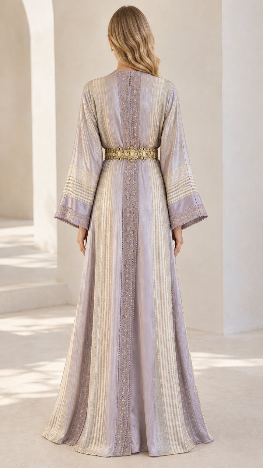 Lavender floor-length kaftan maxi dress back view