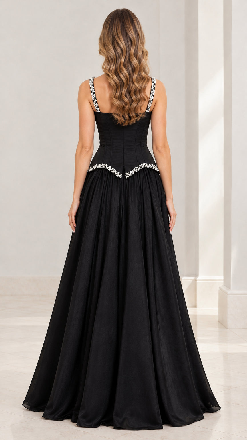 Back view of the black formal maxi gown highlighting the square back and zipper