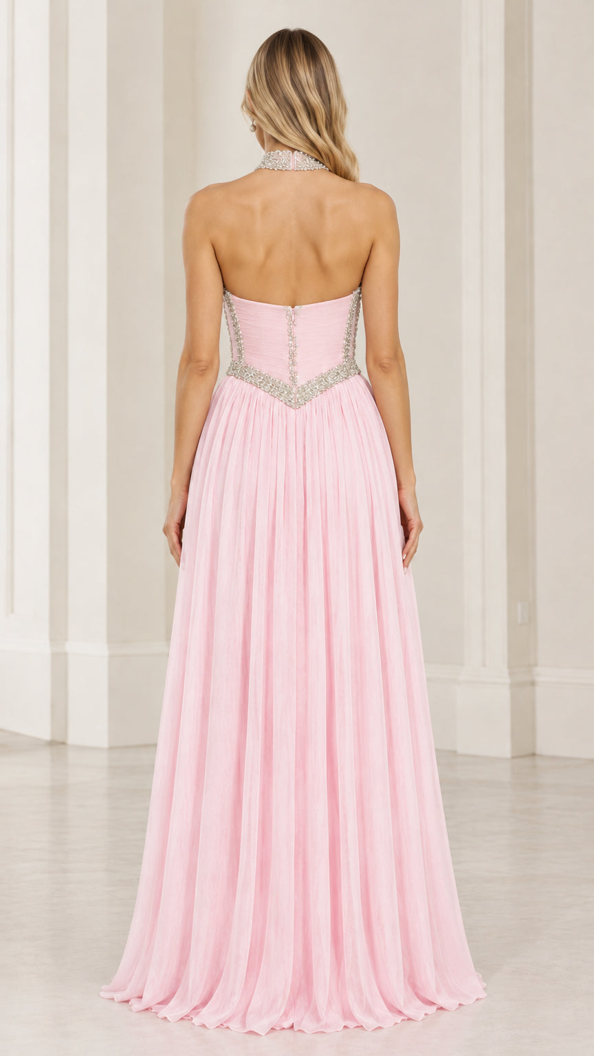 Back view of pink open back halter neck formal evening maxi dress