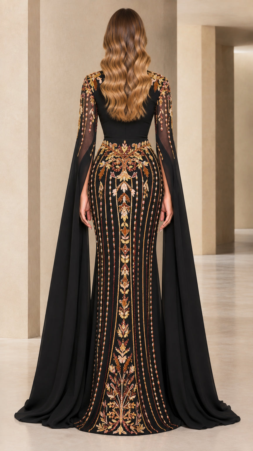 Back view of black floor-length evening dress with gold-toned embroidery