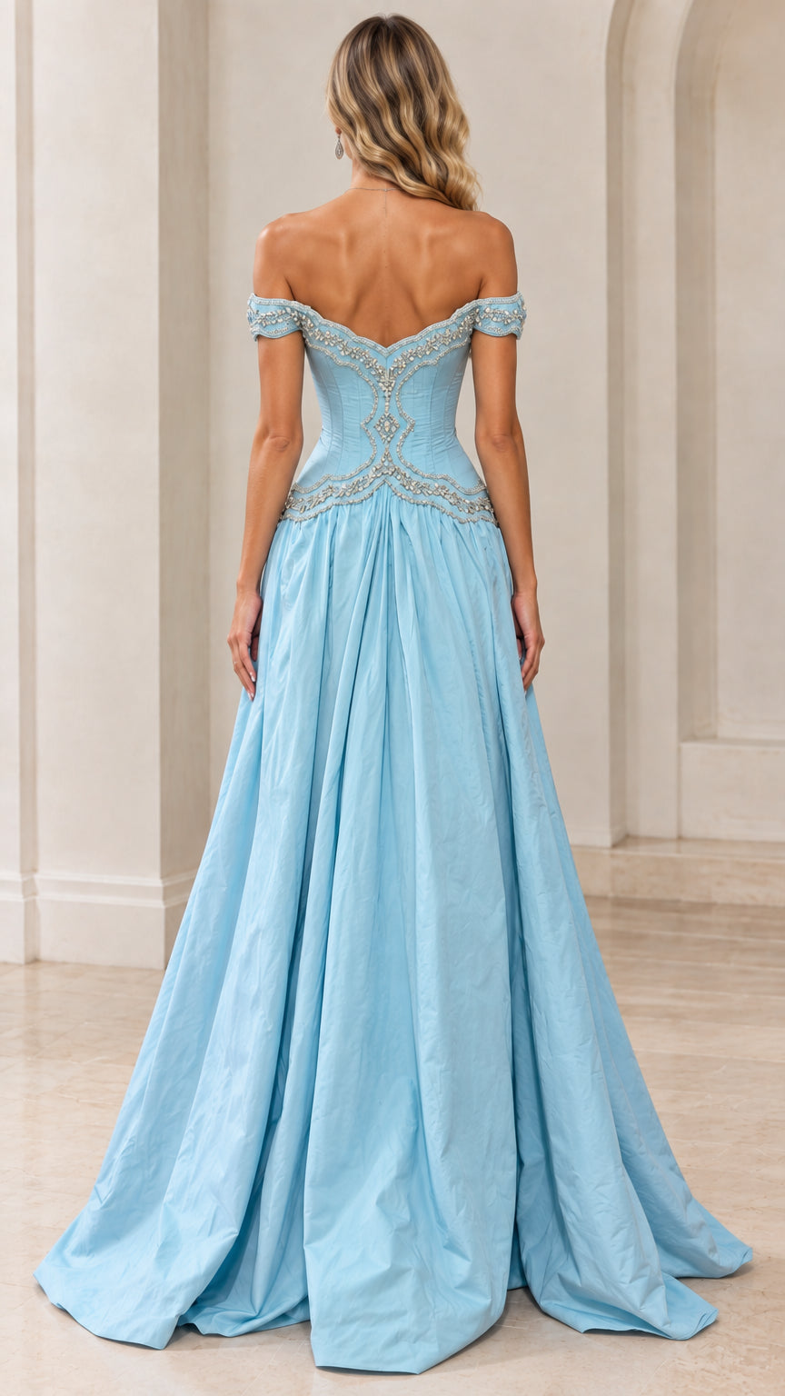 Back view of model wearing Light Blue beaded off-the-shoulder evening dress