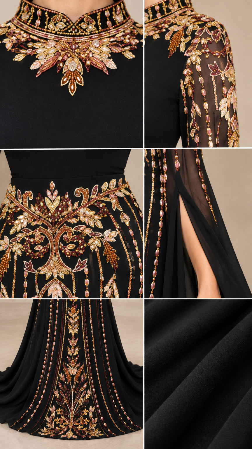 Close-up details of beadwork, neckline, sleeve slit, and fabric texture