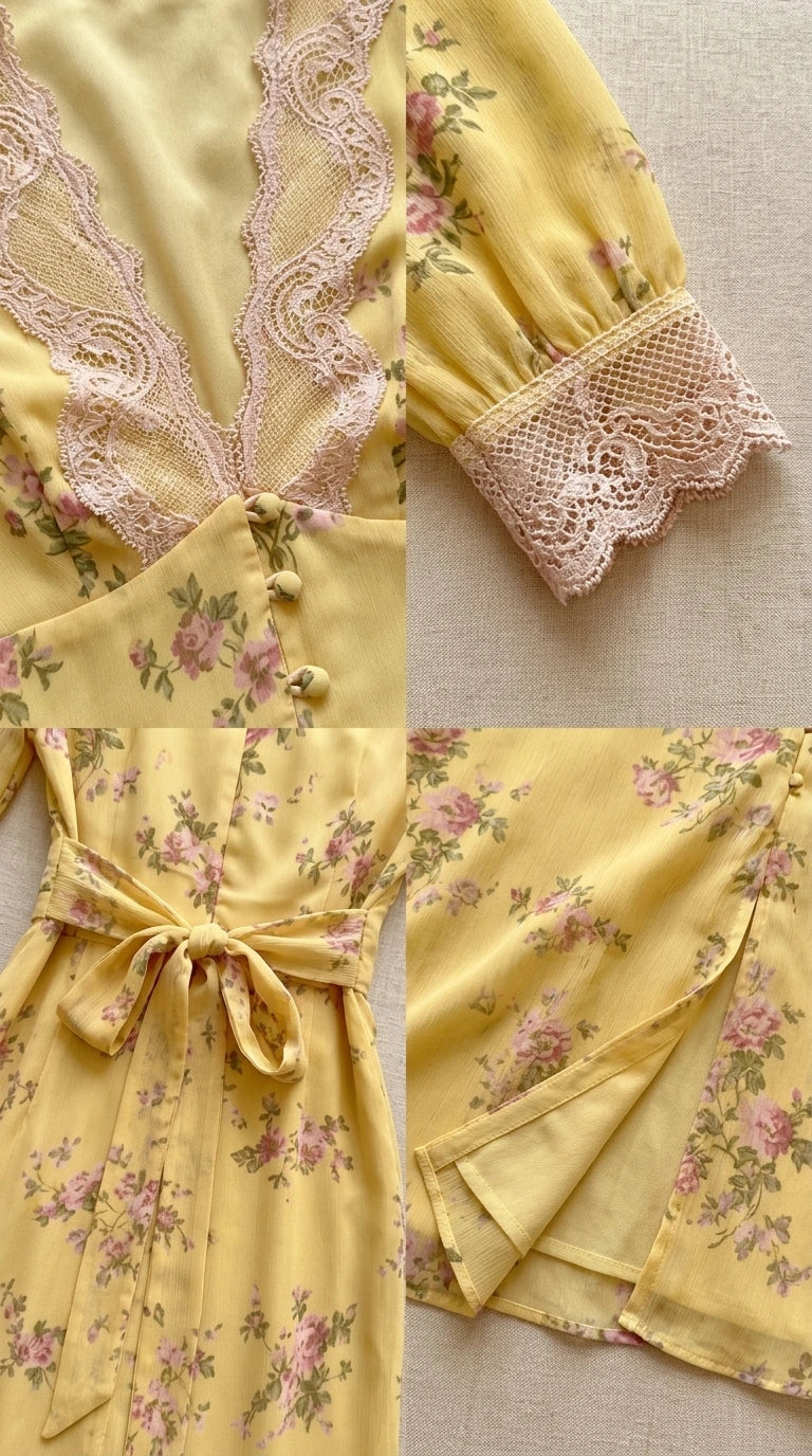Close-up details of lace neckline, button front, waist tie, and hem slit