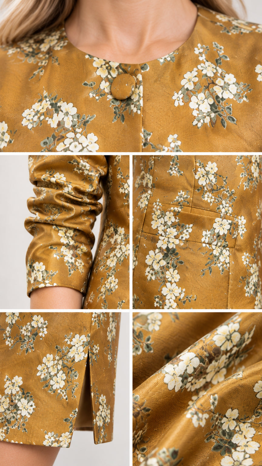 Close-up details of neckline button, sleeve cuff, and floral fabric texture