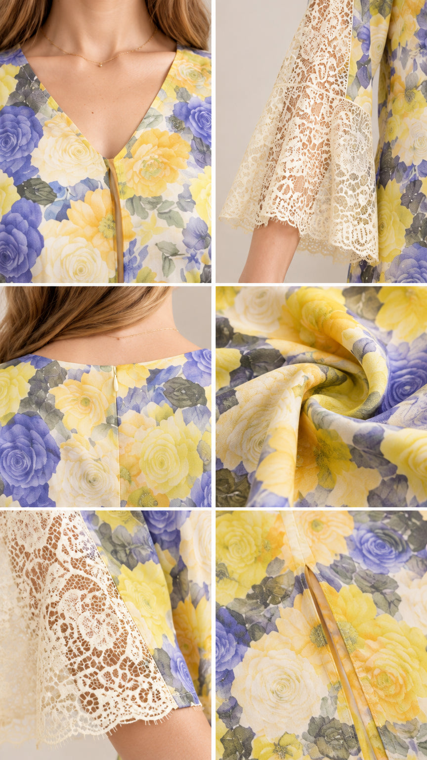 Close-up details of neckline, delicate lace cuff trim, and smooth floral fabric texture