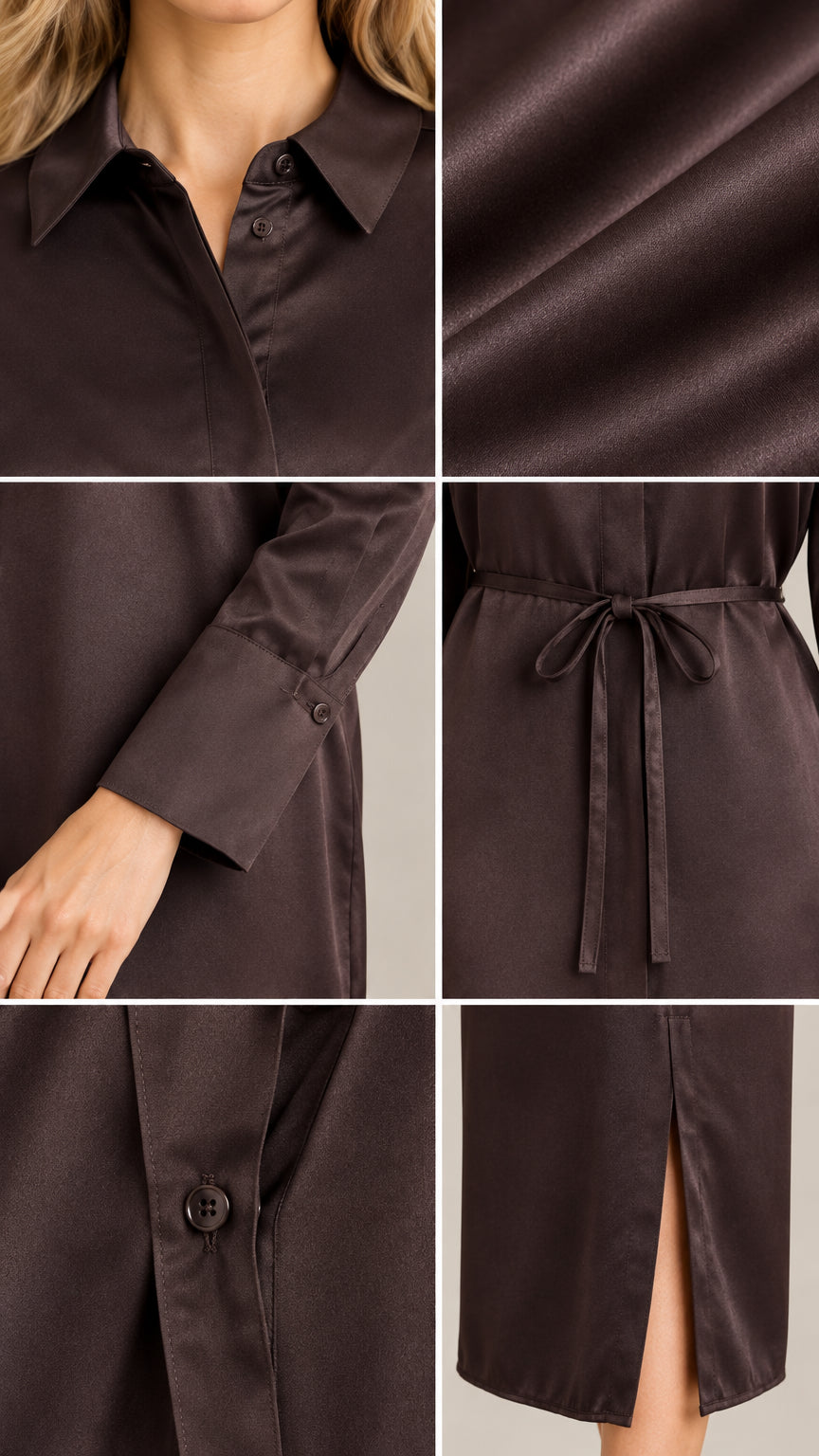 Close-up details of collar, fabric texture, sleeve cuff, and hem slit