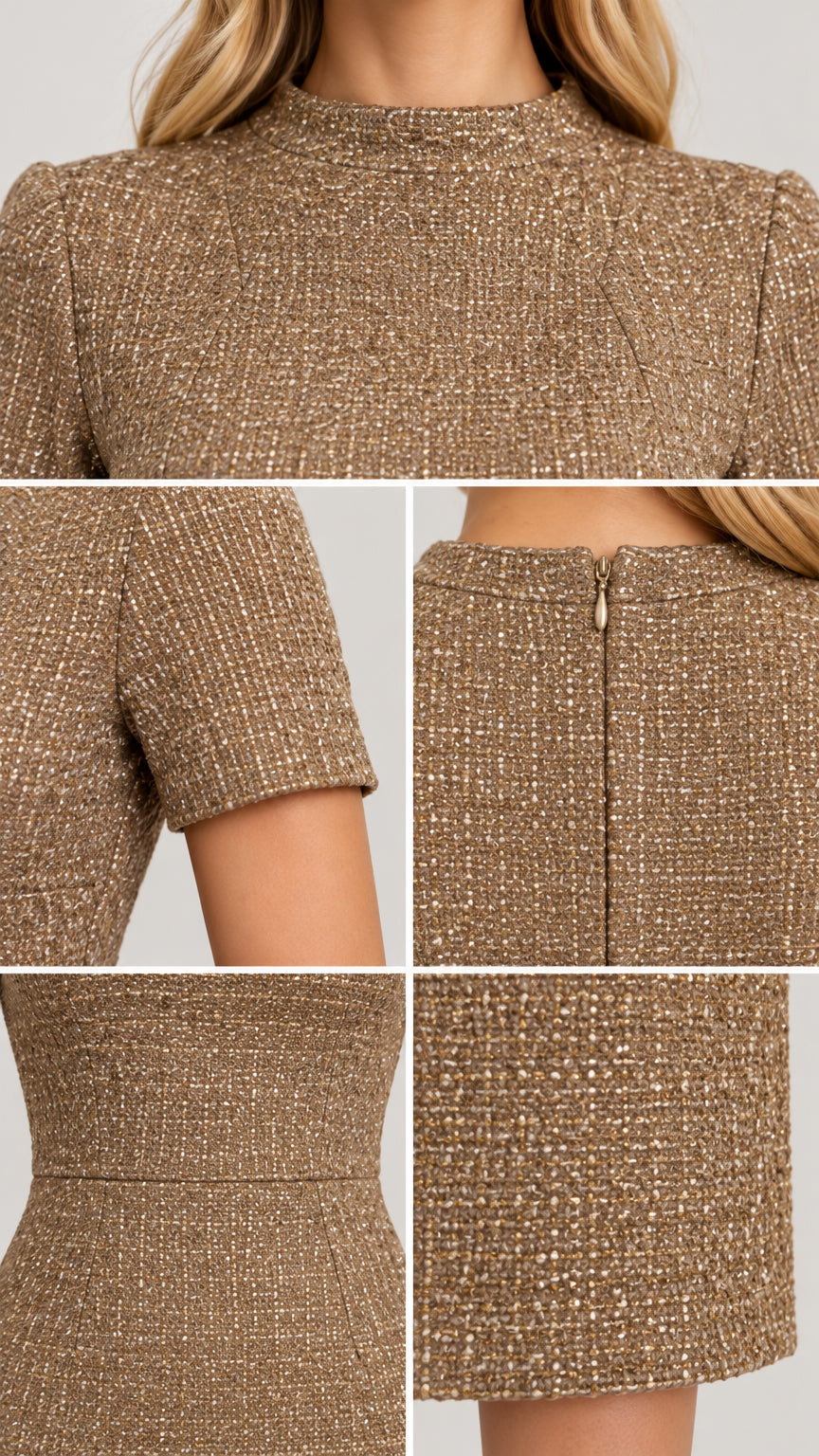 Close-up details of Camel Brown tweed fabric texture, collar, sleeve, and zipper construction
