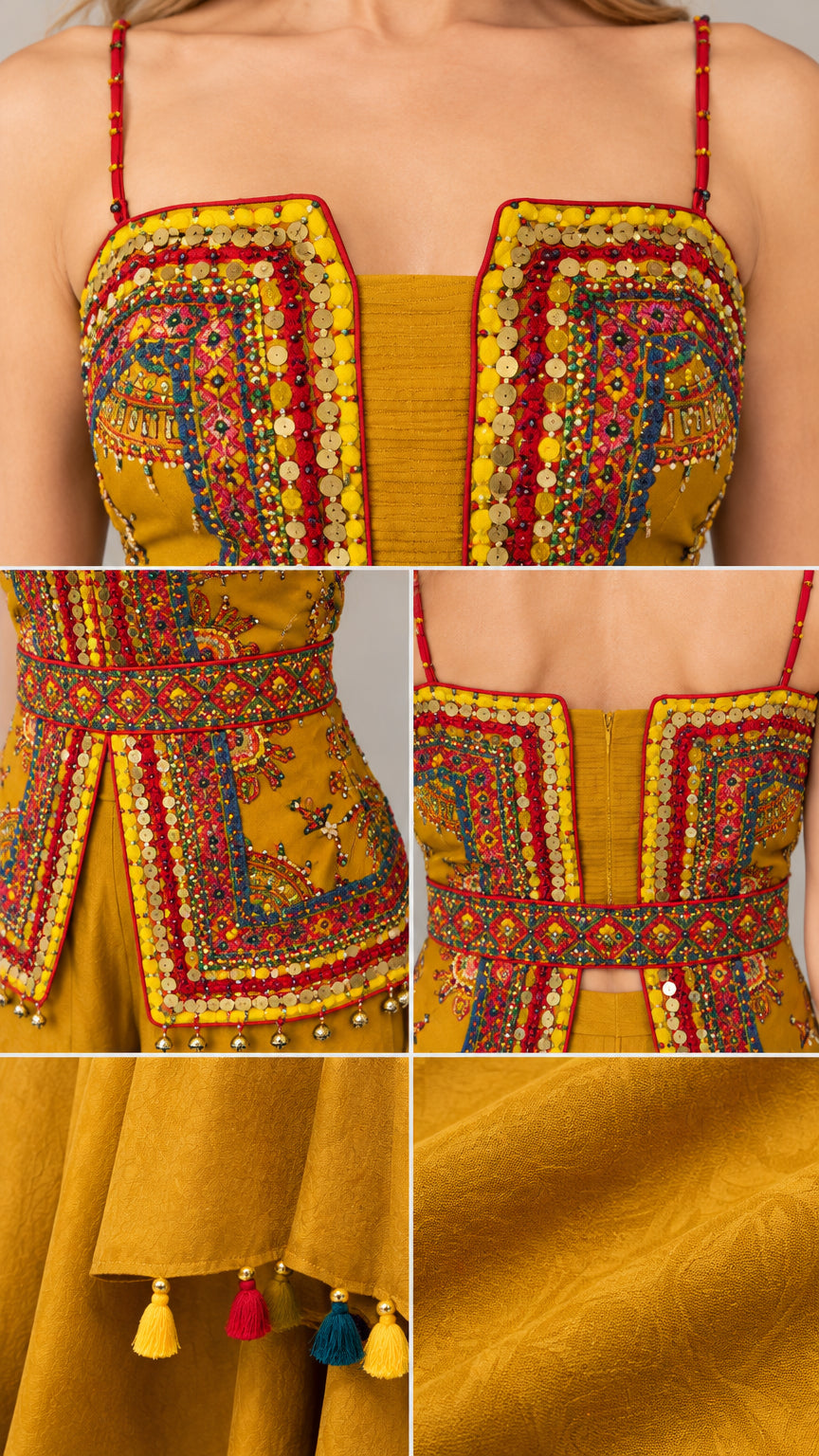 Close-up details of intricate bodice embroidery, tassels, and woven texture