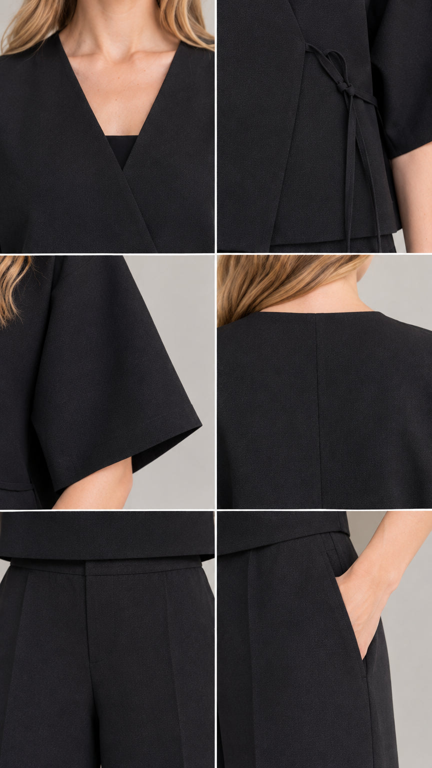 Close-up details of wrap neckline, side tie, sleeve, and trouser pockets in black