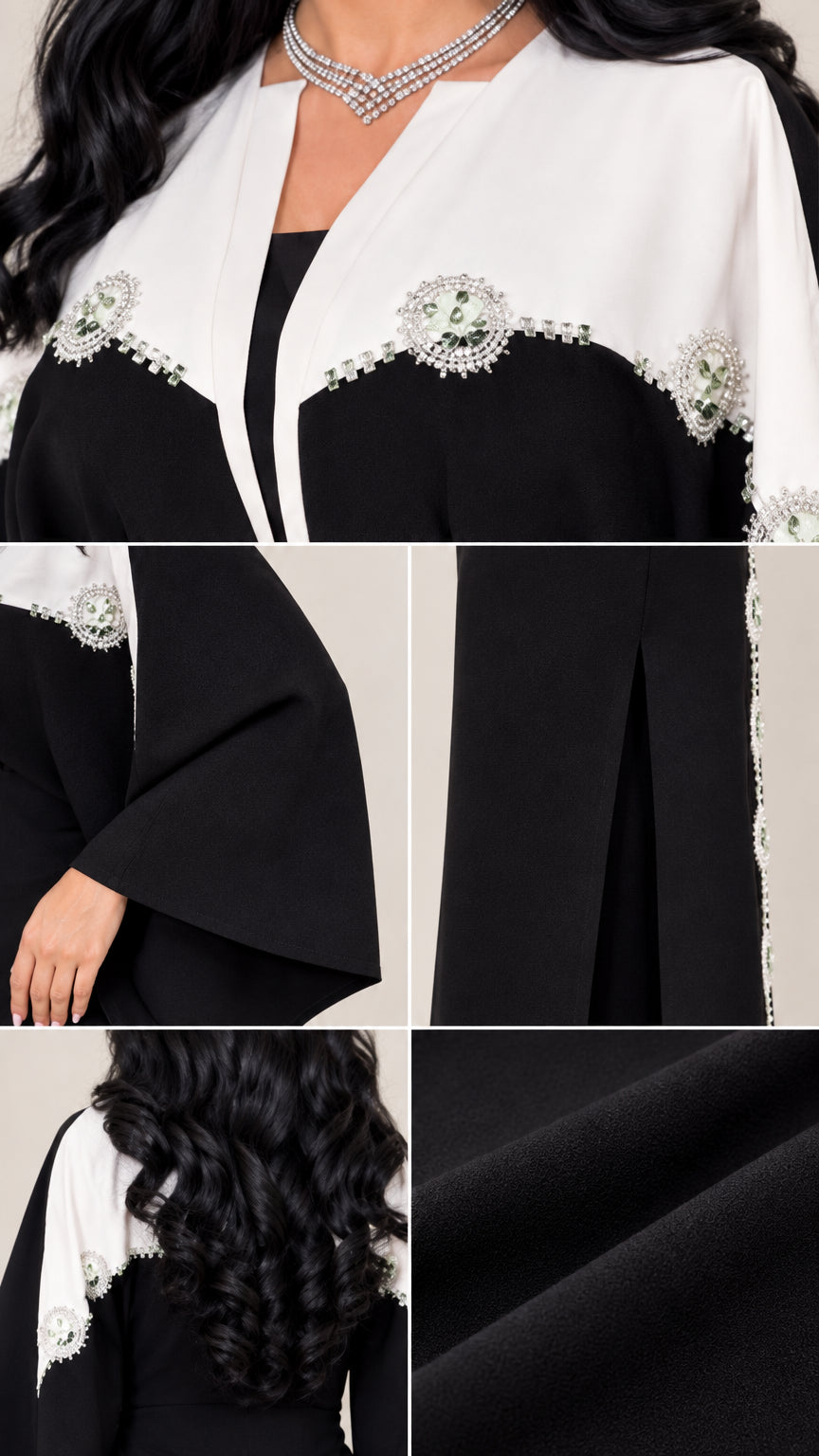 Close-up details of contrast yoke, embellishments, sleeve, and fabric texture