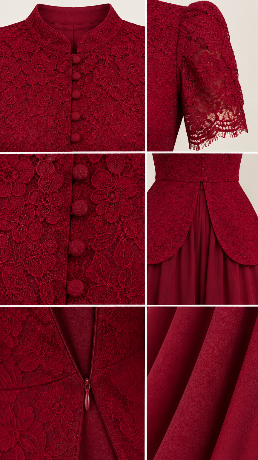 Close-up details of burgundy floral lace bodice, covered buttons, peplum hem, and back zipper