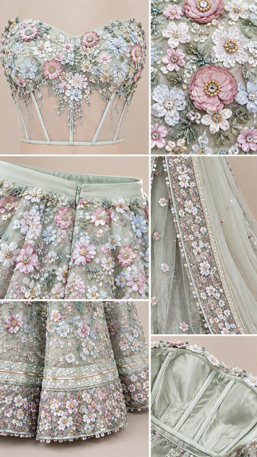 Close-up details of 3D floral embroidery, corset boning, waistband zipper, and dupatta hem