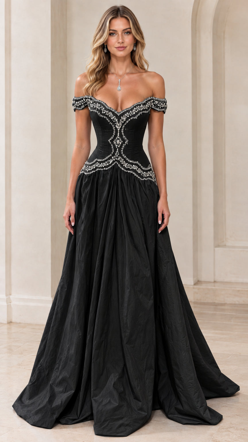 Front view of model wearing Black off-the-shoulder beaded formal ball gown