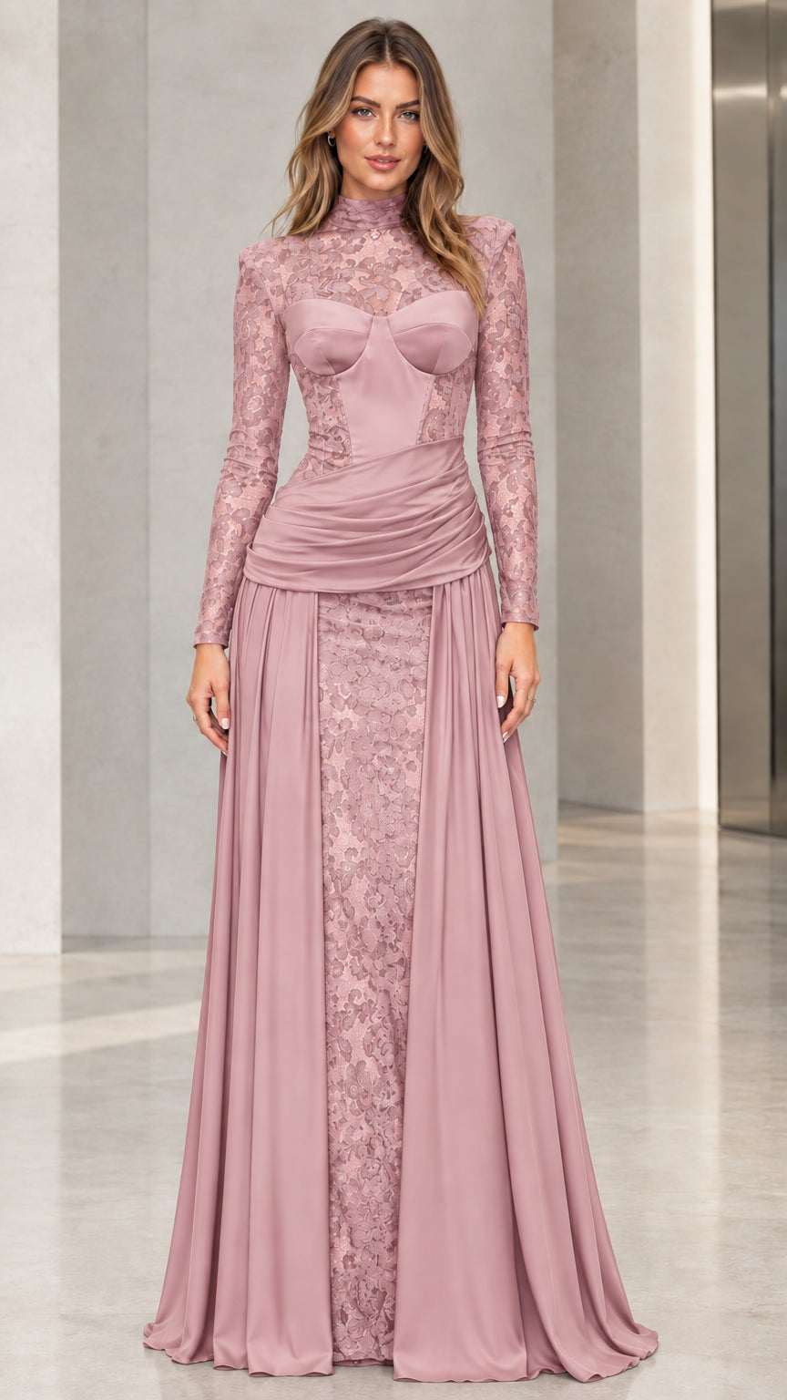 Dusty rose high neck lace formal evening gown