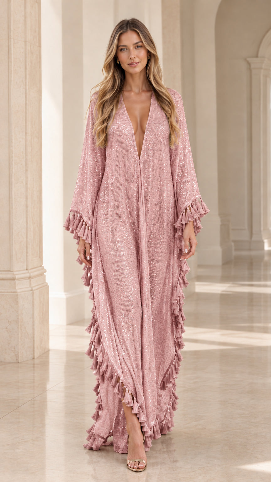 Woman wearing dusty pink sequin fringe maxi kimono cover-up dress