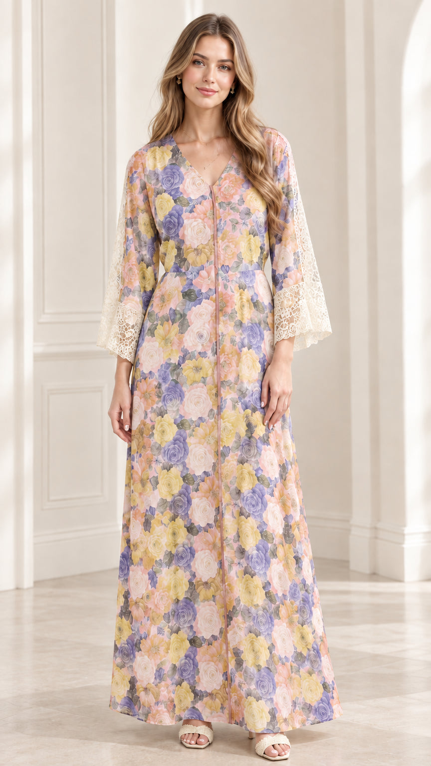 Front full-length view of model wearing Pink Floral maxi dress with lace cuffs