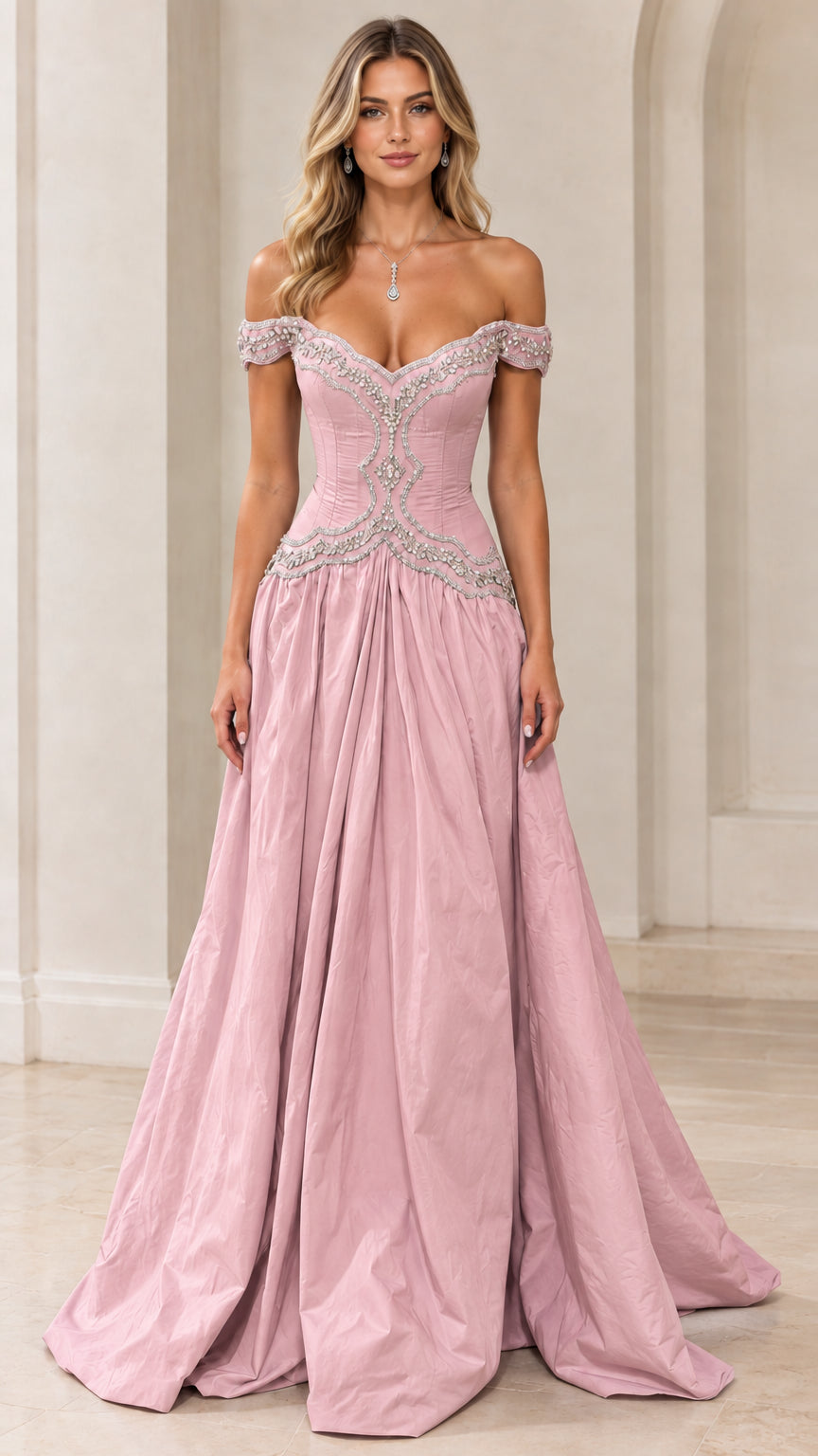 Front view of model wearing Dusty Pink off-the-shoulder embellished evening dress