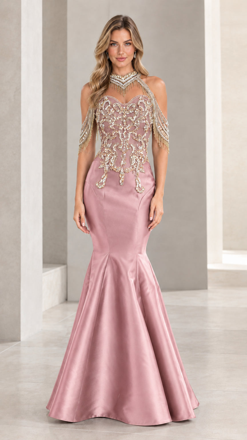 Blush pink halter mermaid evening gown with sparkling crystal beading