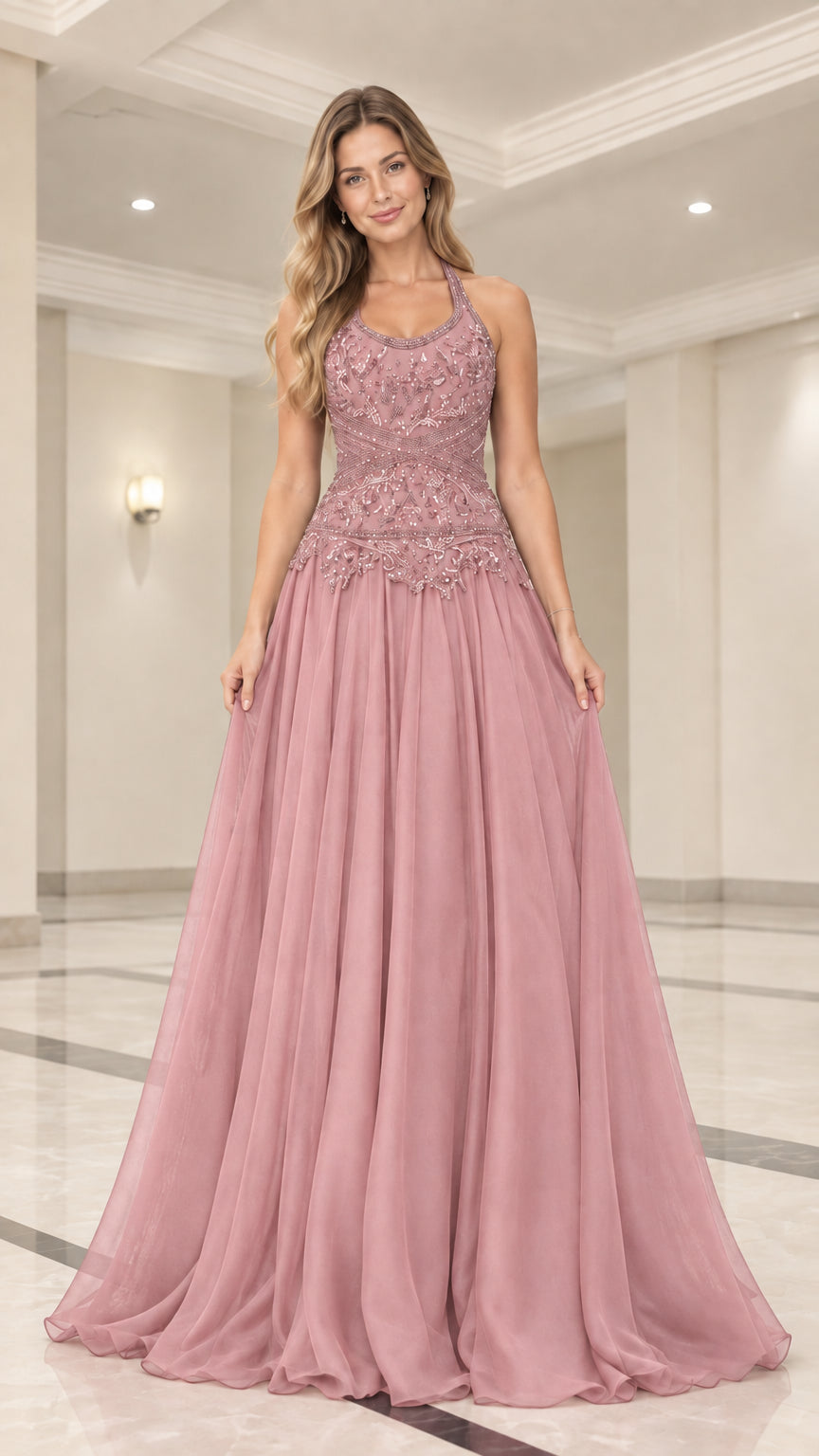 Full front view of model wearing dusty rose pink beaded halter neck evening gown