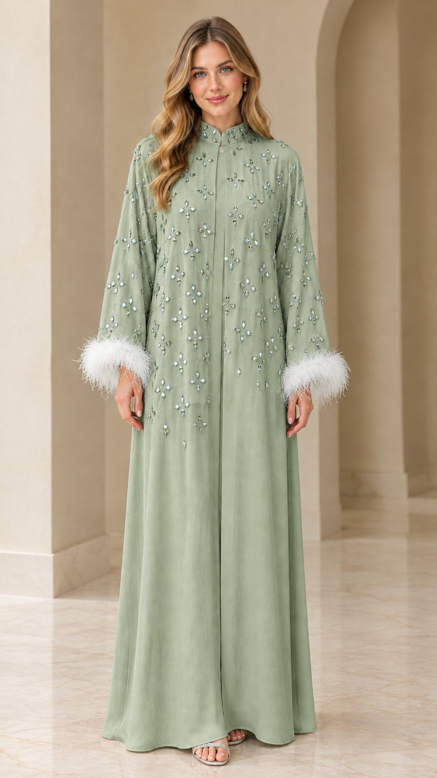 Sage green crystal embellished evening kaftan gown with white feather cuffs