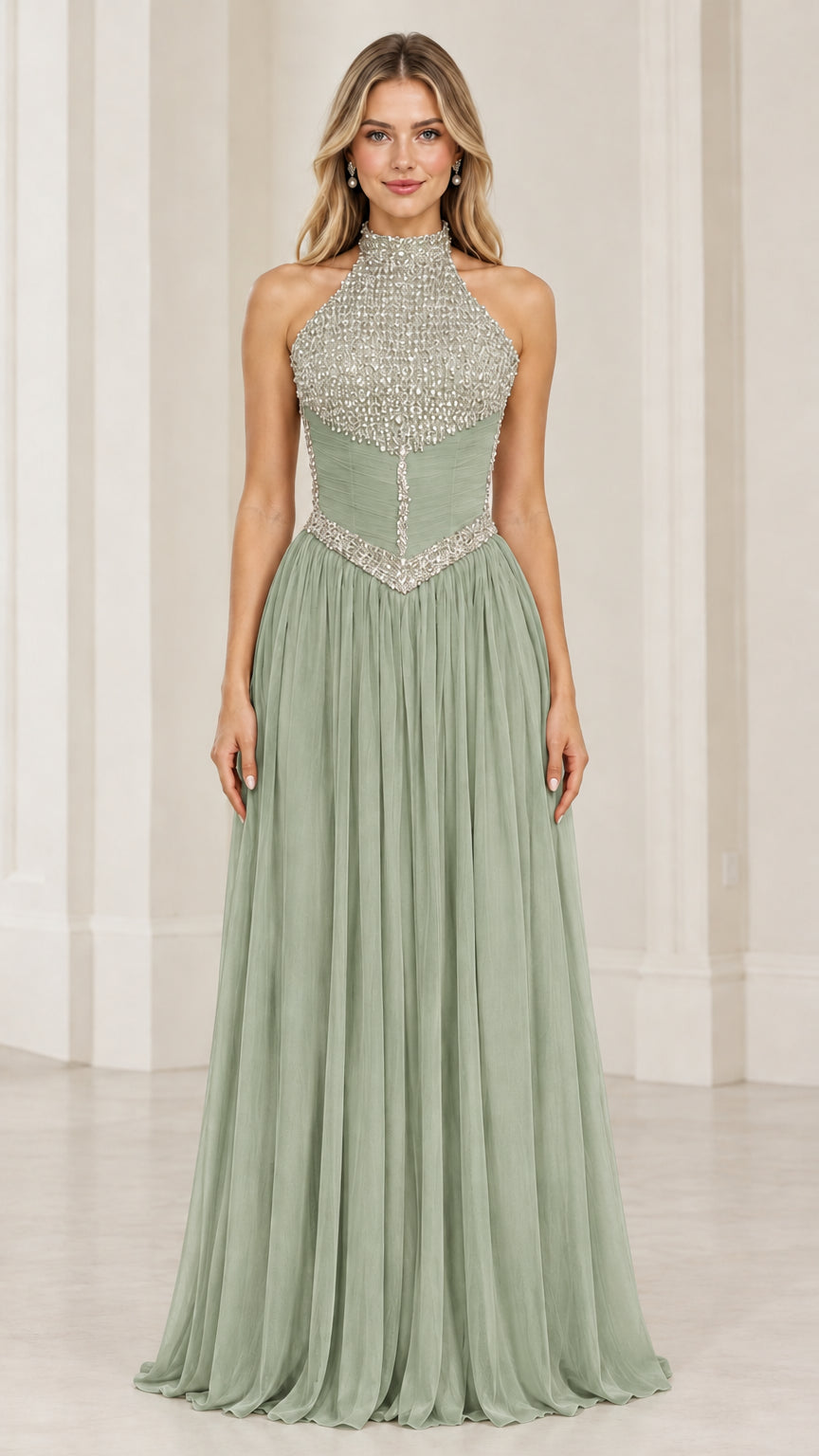 Front view of sage green beaded halter neck formal maxi dress
