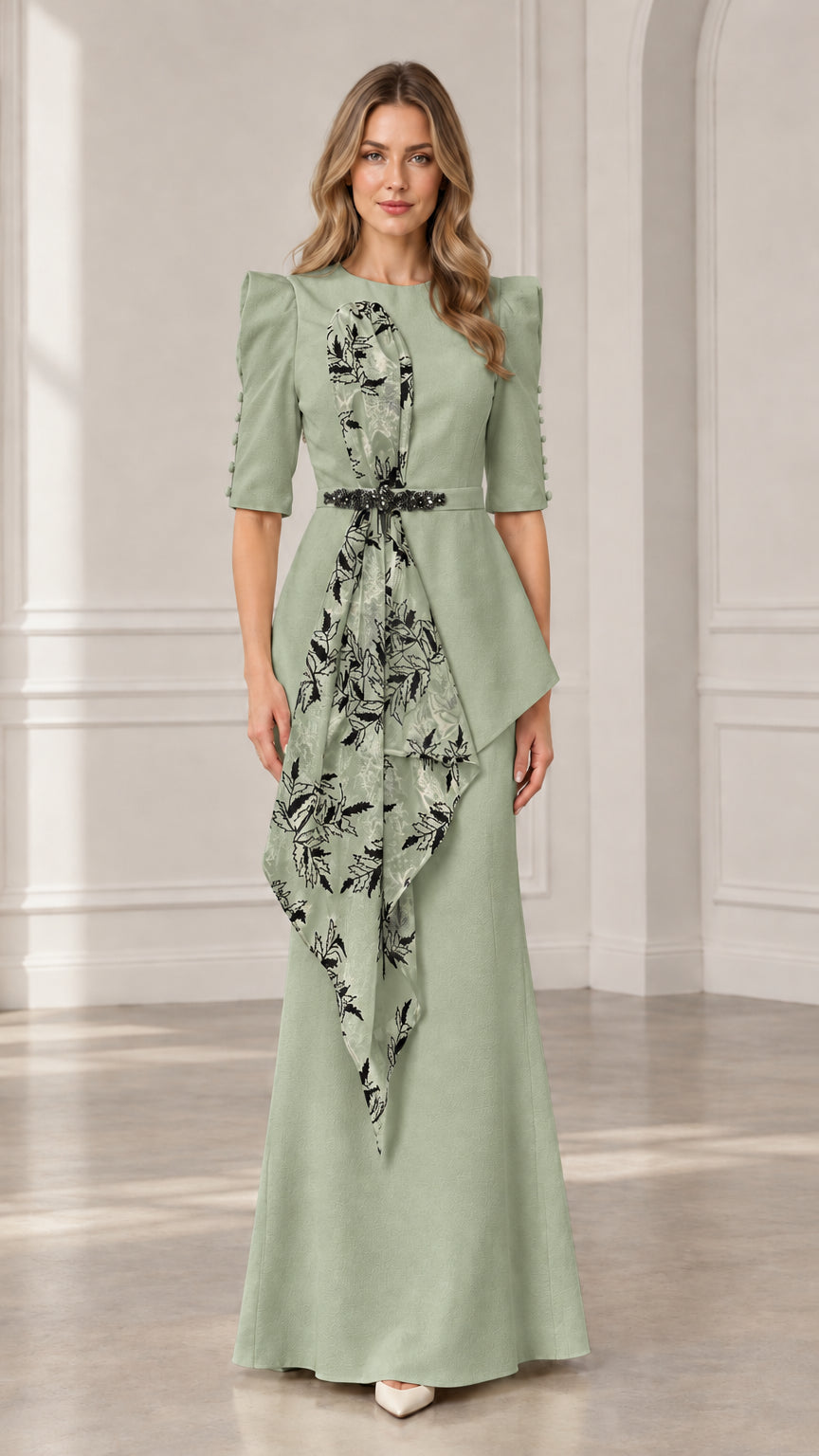 Sage green peplum evening gown with floral drape