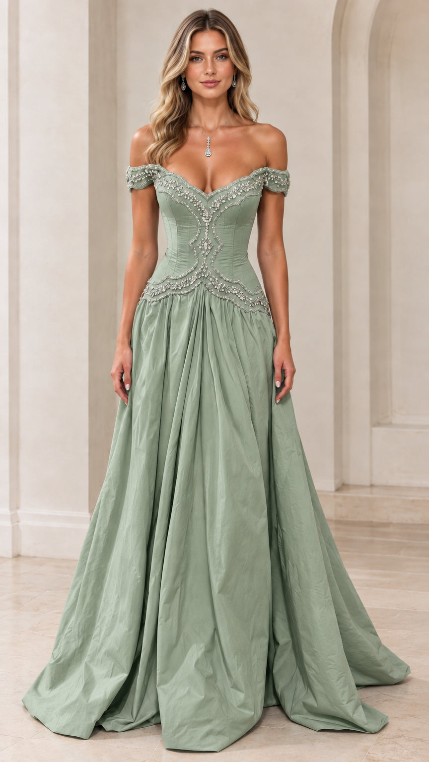 Front view of model wearing Sage Green beaded basque waist evening ball gown